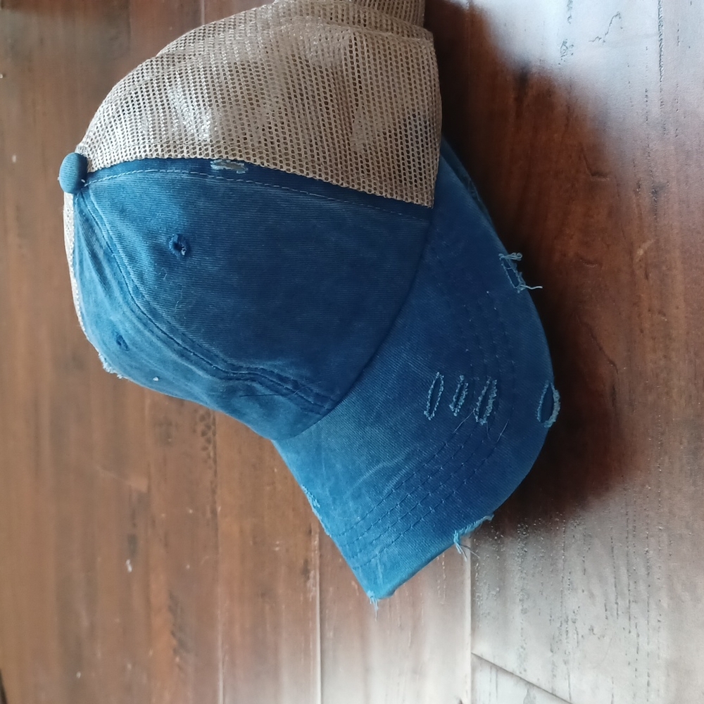 Distressed Blue Cap w/ Ponytail Slot in Back